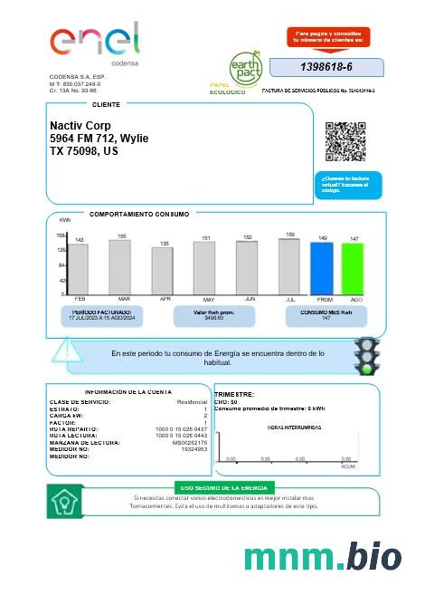Colombia Enel energy rachunek za usługi komunalne szablon w formacie Word i pdf